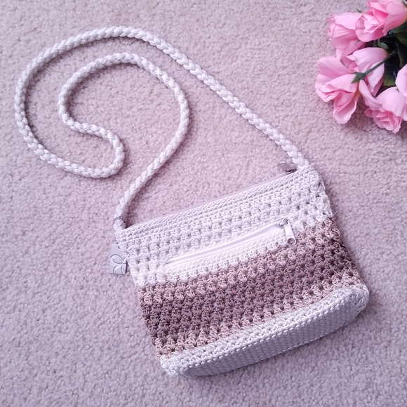 Lina Handbags - Cute Light Beige and Brown Crochet Knit Weave Shoulder Purse